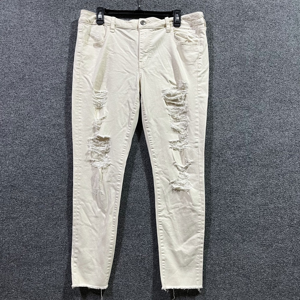 American Eagle Outfitters Jeans Womens 16 White Denim Stretch Raw Hem Skinny Leg